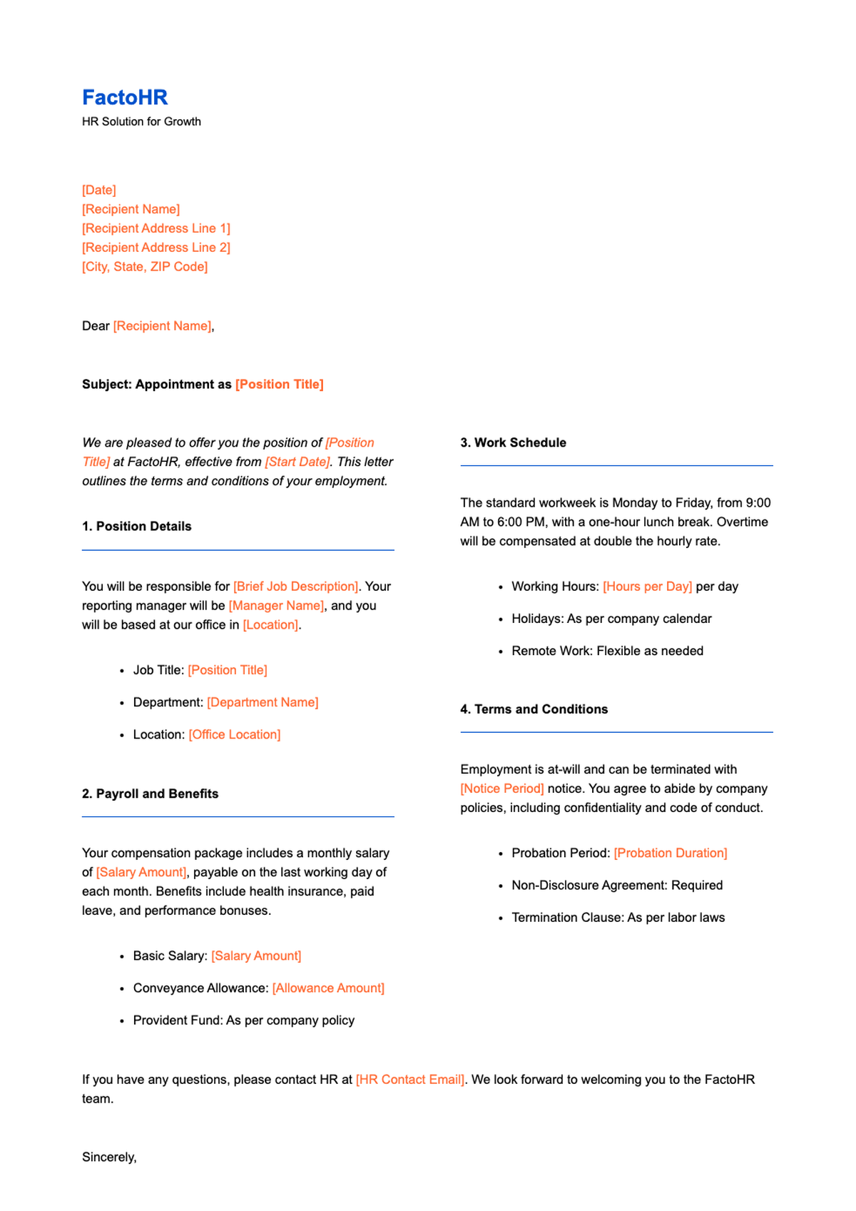 Professional job appointment letter template with placeholder fields_variant_2